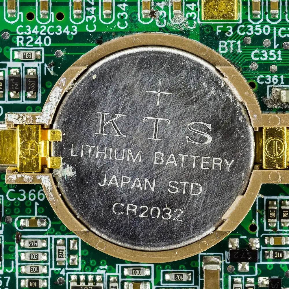 CR2032 3V coin cell battery powering real-time clock RTC and volatile CMOS settings